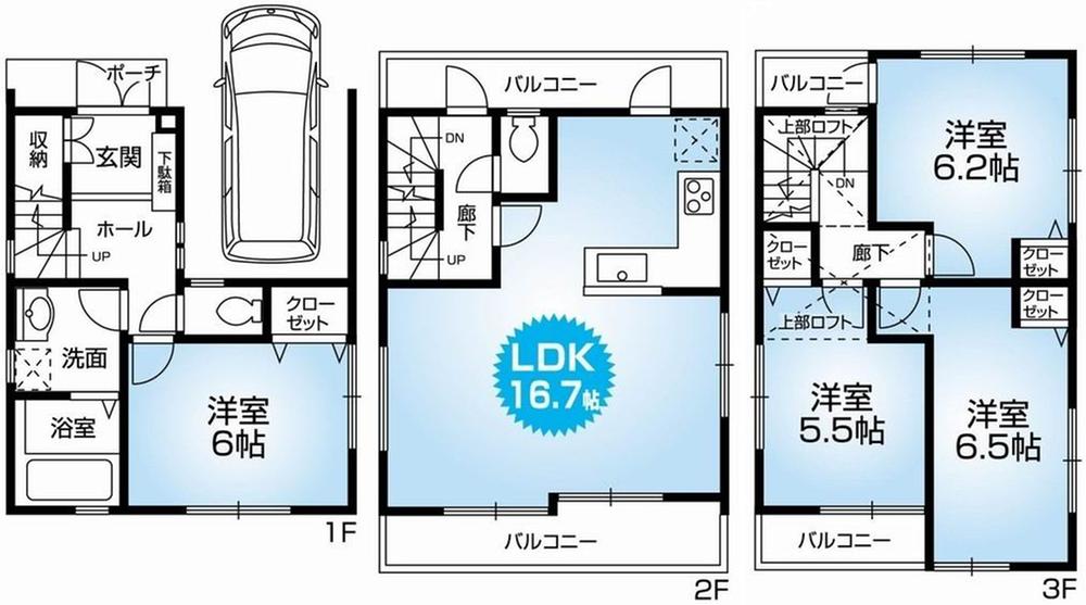 Floor plan. 33,800,000 yen, 4LDK, Land area 63.32 sq m , Building area 116.23 sq m Mato (4LDK). Newly built one detached houses with car port. Hito at the north-south road on both sides ・ Ventilation is good. 