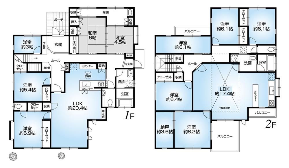 Floor plan. 64,800,000 yen, 9LDK + 2S (storeroom), Land area 240 sq m , Building area 255.86 sq m 1 Kaikanto (4SLDK) 2 Kaikanto (5SLDK)