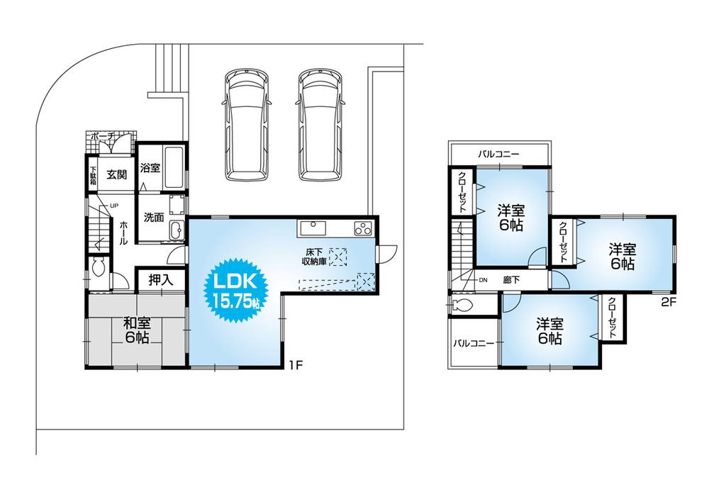 Floor plan. 25 million yen, 4LDK, Land area 176.34 sq m , Building area 95.17 sq m Mato (4LDK) carport with two newly built one detached. Site 53 square meters. Nantei Yu Sunny. Lighting at the corner lot ・ Ventilation good. 
