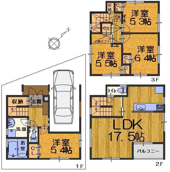 Floor plan. (C No. land), Price 33,500,000 yen, 4LDK, Land area 57.44 sq m , Building area 110.56 sq m