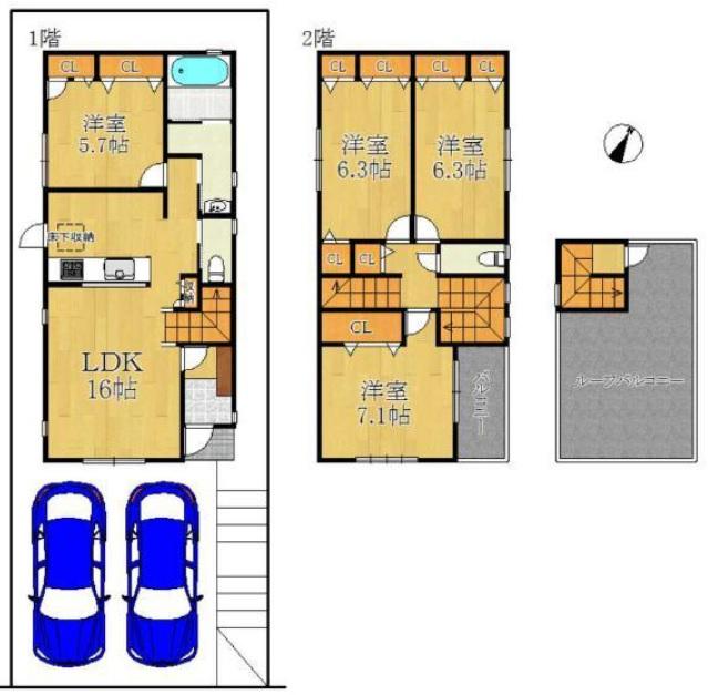 Floor plan. 28.8 million yen, 4LDK, Land area 104.61 sq m , Building area 104.61 sq m   ◆ 4LDK ◆ There is spacious roof balcony ◆ Carport two Allowed! 