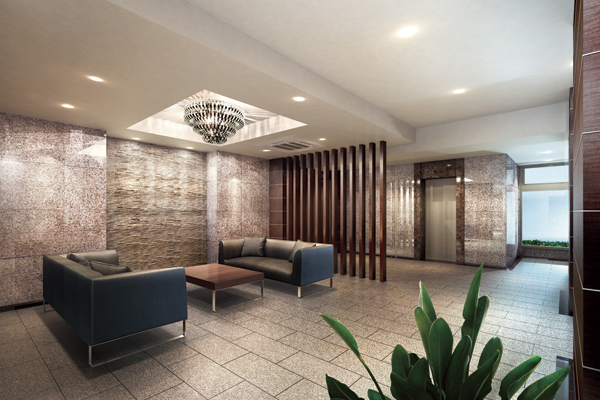 Shared facilities.  [Entrance Lounge] Entrance lounge to direct the entrance hall is a place to welcome the people more gracefully. Folding on the ceiling to enhance the magnificent decorative walls and space that has been constructed in the border tile of natural stone wind, In addition to such a grid pattern arranged the wood tone pillars were nestled, Venezia ・ Specially ordered glass workshop in Murano, Handmade chandelier with Venetian glass is also provided, Exudes an impressive grade feeling and flavor (Rendering CG)