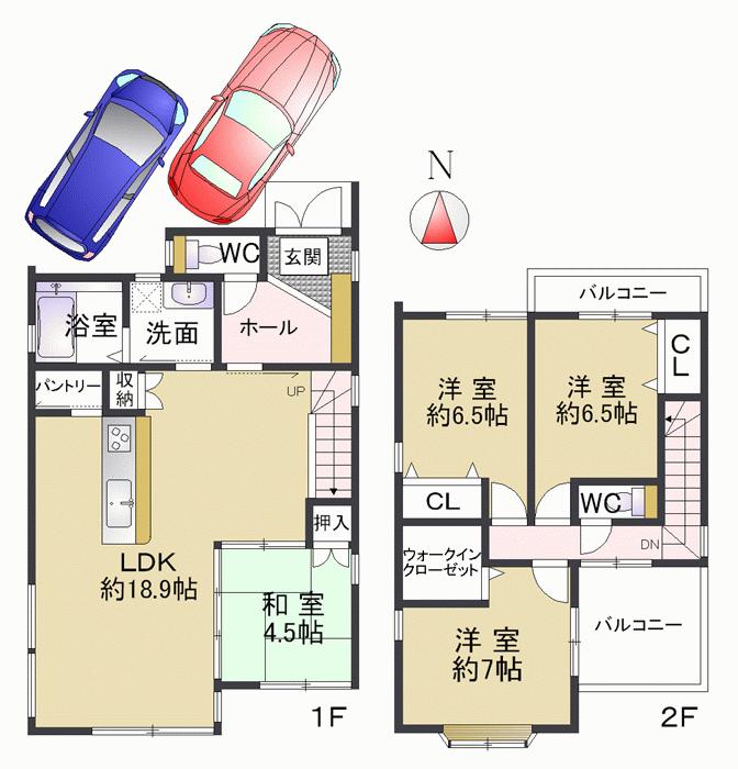 Floor plan. 42,900,000 yen, 4LDK, Land area 117.19 sq m , In spacious grounds of the building area 104.49 sq m site area of ​​about 35 square meters, It is designed in the balanced plan of the garage two of space