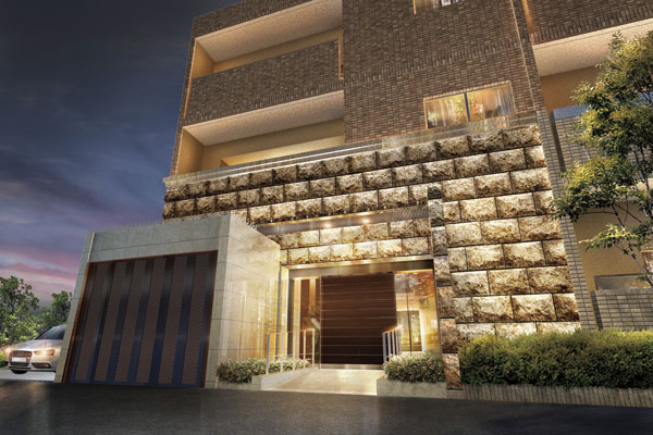 Features of the building.  [Entrance approach] Entrance to guide the approach that we arranged the planting to feel softened natural to both sides. Around the wall is composed of a paste of natural stone full of profound feeling, Produce a magnificent stately. Glazed and metallic material is employed around the door, It finished in the modern (Rendering)