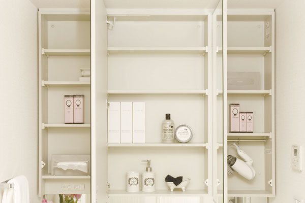 Bathing-wash room.  [Three-sided mirror back storage] Face-wash ・ Into an electrical outlet with a mirror back storage that such hair care products can be accommodated, Tissue holder and dryer hook have been installed. Center mirror, It is with anti-fog heaters (same specifications)