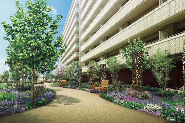 Shared facilities.  [Rose Garden] And entangled the white banksia rose to the Obelisk (decorative pillars), Planted deep pink roses at the feet "Rose Garden". further, Flowers blooming in every season 's Ya, lavender, In addition also herbs such as the time has become a garden full of color and fragrance (Rendering)