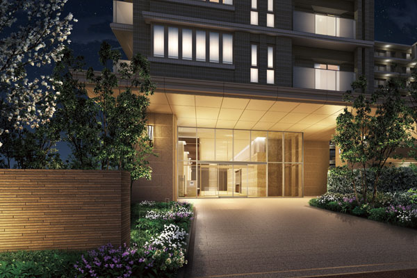 Features of the building.  [Grand Entrance] Nearest from Nishinomiya-Kitaguchi Station, Grand entrance that is provided on the site northeast side. Paved with granite on the floor of the approach, Elegant was decorated in fresh planting nestled has been decorated. Large glass wall of two layers is employed, Open-minded production to glimpse the space following the inside of the building. It has extended magnificent using the granite of rust-colored also on the wall. further, Large canopy is provided which continues until the porte-cochere, Is a heavy stance worthy of the dwelling of all 414 House (Rendering)
