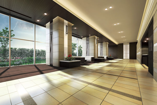 Shared facilities.  [Grand Entrance Hall] Entrance Hall of the two-layer blow that gave about 25m depth stuff. It is designed to invite the planting of moisture and sunlight through the glass wall. Limestone pillars of to convey the natural texture ・ wall, Woodgrain of the ceiling and carpets, It deepens the taste of comfort in such as sofa. In front of the back light wall a sense of transparency to the temple water was the motif of Nishinomiya, Such as further pillars fancy of wrought iron tone, Refined sense of beauty is fragrant is a luxurious space (Rendering)