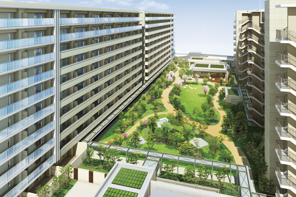 Features of the building.  [Gardens Garden] The total development area of ​​the property is about 20000 sq m . Of which, Approximately 3000 sq m stuff space, It is composed of three of the garden as a "Gardens Garden", Life full of sense of the season has been drawn. A walk through the grove in the "Airy Forest", To know the arrival of four seasons in the "Seasons Park", It is surrounded by the natural aroma of the "Rose Garden". If you walk the small-diameter "Bloom Street" over the garden, You can enjoy the change of the beautiful scenery of trees and flowers woven, This residence full of peace (Rendering)