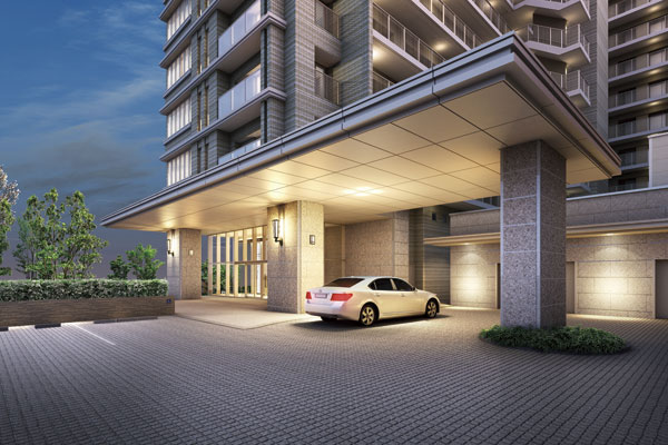Features of the building.  [Porte-cochere] To ensure the safety of the site by dividing the flow line of people and vehicles, Driveway has been prepared next to the "Grand Entrance". By a large canopy (eaves) to accompany the magnificent impression on facade, Get in and out of the car is comfortable even on rainy days. Casually is the space to produce a graceful scene (Rendering)