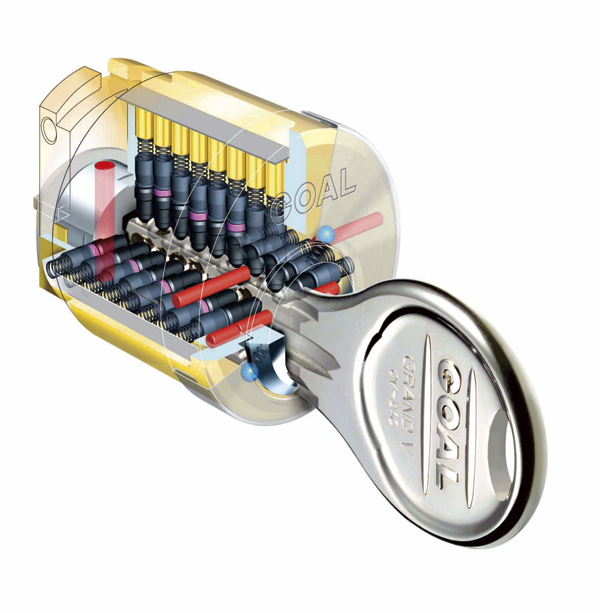 Security.  [Dimple key] Dimple key that was almost impossible to incorrect lock, such as picking by a complex structure. Insert is reversible type that does not choose the direction in which (conceptual diagram)