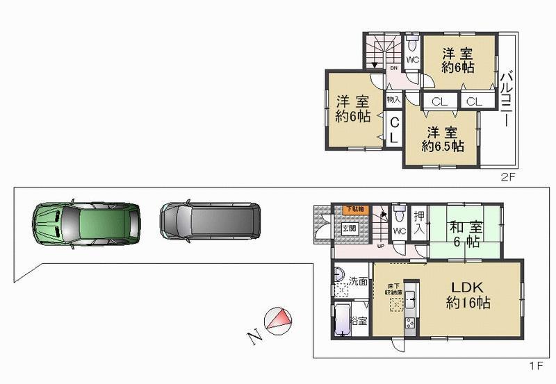 Floor plan. Land loose Parking is 2 car of newly built two-story house South-facing balcony is wide type Shopping is a convenient area