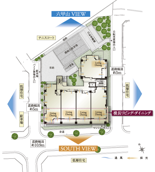 Features of the building.  [Land Plan] Highly independent three-way road, Land plan around is that maximizing the site shape blessed that the low-rise houses and tennis courts. You can enjoy the brightness and airy (site layout)