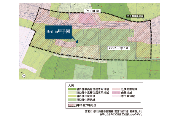 Features of the building.  [Location] The property The area is by the "Koshien Stadium district building codes.", Use has been severely limited. Second-class residential area in the surrounding area ・ And it spreads out the second type of medium and high-rise exclusive residential area, etc., It can be expected to hold a good living environment for the future (use district illustration)