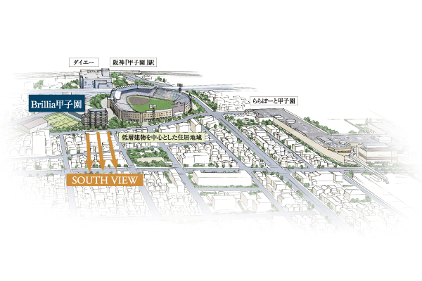 Features of the building.  [Location] Location to enjoy a pleasant view and sense of openness. The sky and the green, While wrapped in open landscape, Begins comfortable life comfortable (local peripheral Illustration)