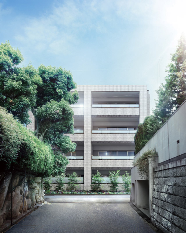 Features of the building.  [appearance] Horizontal ・ A simple configuration that take advantage of the vertical line and Square tile, The pursuit of elegant grace, Claim your own personality. Tiles and natural stone as a finish material with a contrast in combination with the bright type and dark type of tone, Stylish and have a modern appearance is created (Rendering diagram and the peripheral illustrations)