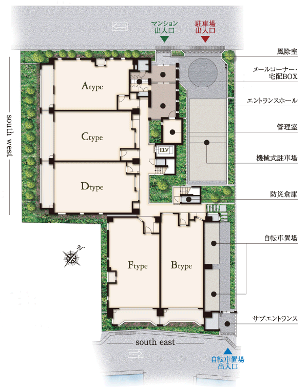 Buildings and facilities. On the site that is open feeling of the 2 interview road, Bright and comfortable Zentei southeast ・ Houses located in the south-west-facing. Highly independent corner dwelling unit is a total of 20 House of 15 House, Achieve a 75% corner dwelling unit rate. Planted 栽計 picture where you can enjoy a taste of the four seasons that weave nature have been made (site layout)