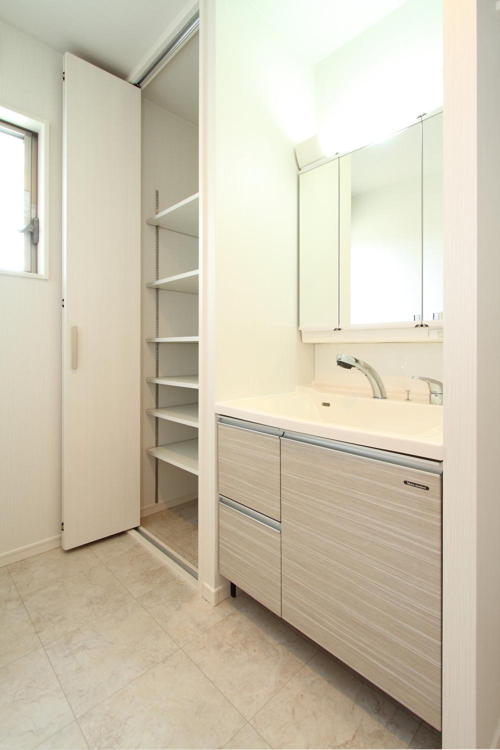 Wash basin, toilet. Convenient washroom storage