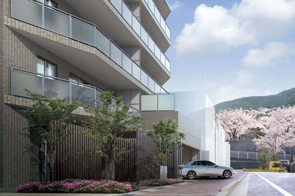 Features of the building.  [Entrance approach] Arranged planting to accompany the natural moisture, Entrance was directing a pleasant facial expression. Is a color that concert with the cherry trees of Shukugawa park. Louver is continuous to the back from the approach to control the line of sight, Leads into the building while enhancing a sense of space (Rendering)