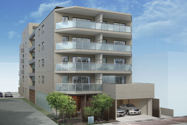 Features of the building.  [appearance] Form design depicting the light beige of bright modern taste as keynote. By using a high-quality same tile, It is the appearance of the overall coherent impression. Also, Using the glass on the balcony handrail wall, Refined clarity and agility have been made. It emphasizes the horizontal line by the eaves and the slab of the upper part, Neat space a sense of stability has been shaped (Rendering)