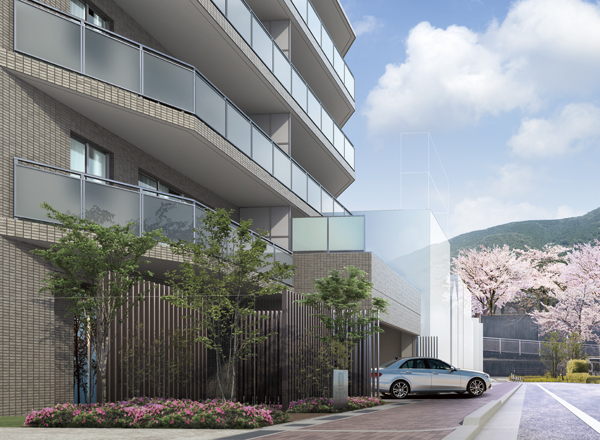 Buildings and facilities. Arranged planting to accompany the natural moisture, Entrance was directing a pleasant facial expression. Is a color that concert with the cherry trees of Shukugawa park. Following louvers to control the line of sight is continuously to the back from the approach, It leads into the building while enhancing a sense of space (entrance approach Rendering)