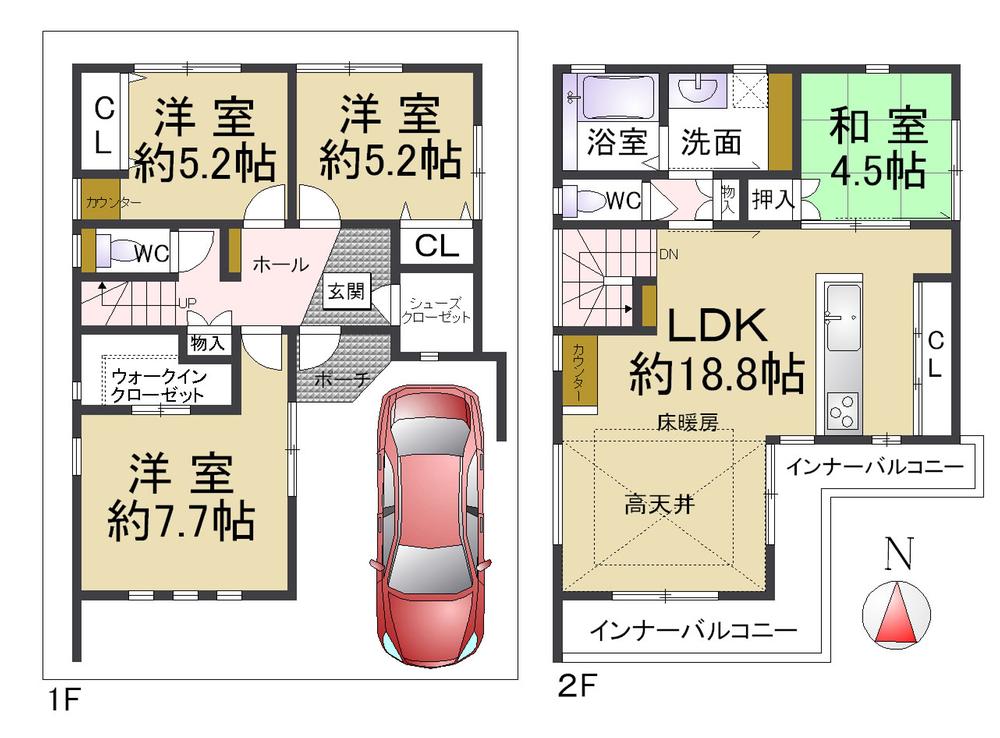 Floor plan. 42,800,000 yen, 4LDK, Land area 90.04 sq m , It is a building area of 99.42 sq m popular south-facing newly built properties! From the south in the living, It contains a lot of light