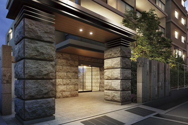 Features of the building.  [Welcome gate] From the stone pillar to proudly erected, Nuances of Sulfur butterfly is give off a sequence of to modest canopy, Of 3-layer by the metal are tied in the dignified look. Born from each of the texture and balance representation of the "case". To examine them one by one of the texture, Has become a gate of Shutei equipped with civility and dignity (Rendering)