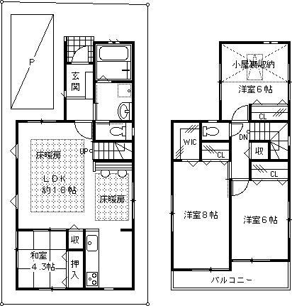 Floor plan. 41,500,000 yen, 4LDK, Land area 90 sq m , Building area 97.28 sq m kitchen, There is under-floor storage in the basin. Also, There is also plenty of storage space attic storage. The stairs installed a door air conditioning efficiency UP. Floor heating is the two sides to the LD.