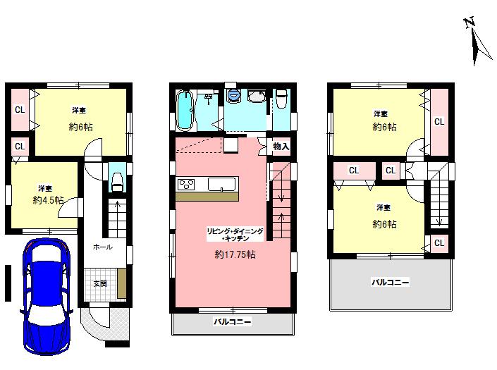 Floor plan. 36,800,000 yen, 4LDK, Land area 72.89 sq m , Building area 111.37 sq m 3 No. land