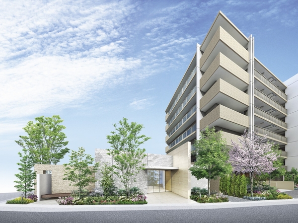 Buildings and facilities. In order to resonate with the era seek style, Form and design, Stuck to the color ring, Creating a beautiful appearance in harmony to streets. In particular entrance, Greeted gently return arrived family, It makes you feel familiar with transitory seasonal, Lush trees and flowers have been arranged (Entrance Rendering)