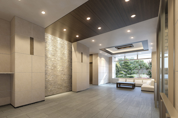 Features of the building.  [Entrance hall] And promote the walk to the entrance hall from the windbreak room, It is wrapped in rich and mellow relaxation of air. Including the marble that was adopted on a wall or counter, Space dressed in elegant texture natural materials have the, Live person, You graciously greeted those who visit. Transitory and natural light of the season to be displayed on the glass wall will continue ticking slowly (Rendering)