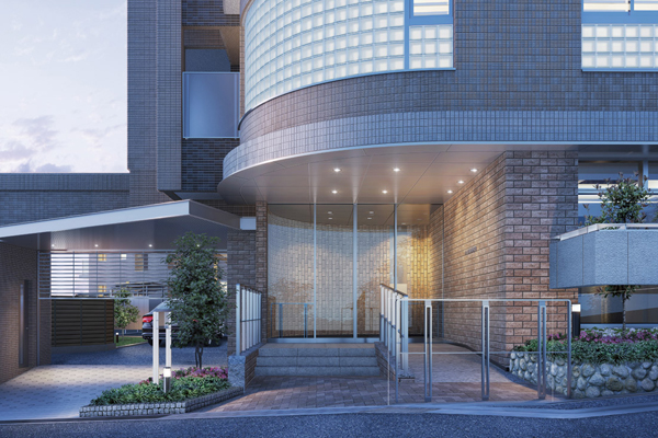 Features of the building.  [entrance] It was of the painted in calm expression of Entrance, Okuyukashi of having an increased comfort and private property. Comfortably fused the masonry-style flower beds and planting a symbol of the mansion culture between Hanshin, We greeted warmly live person or a person who visit. When it is wrapped in a soft light door quietly open, Will be able to realize that the mind is going generally return to peace (Rendering)