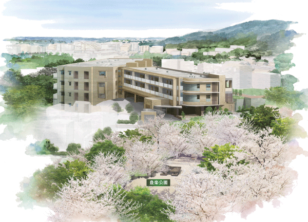 Features of the building.  [appearance] Neat and drifts grace low-rise two buildings of the form. Changing the impression by the light and the season, Texture rich material that deepens when. Such as pleasure suck the contest with the natural beauty, You have beauty shine in four seasons is drawn (synthesized Exterior illustrations drawn on the basis of the drawings to the surrounding environment illustrations that caused draw the aerial photograph to reference. In fact a slightly different)
