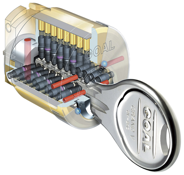 Security.  [Guranbui (GV) cylinder] By up to 24 pins of high precision to achieve a huge key differences also about 1000 trillion 280 billion ways, Dimple key of the strong ultra-security design to incorrect tablets, including the picking ・ Guranbui (GV) adopted a cylinder. Because the reversible type is easy to operation (conceptual diagram)