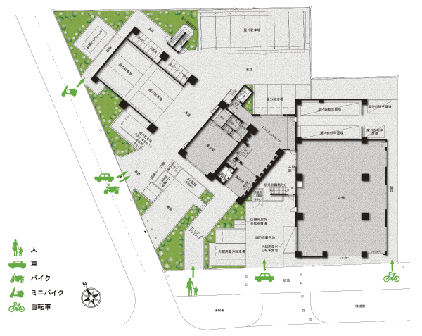 Buildings and facilities. Houses arrangement to ensure the depth is higher open area ratio, Green common areas, such as the rich implantable and entrance approach has been secured in a relaxed manner (site layout)