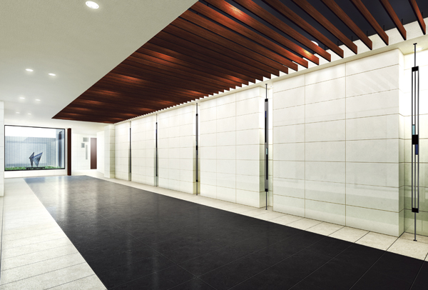 Features of the building.  [Entrance hall] From the ceiling, which was nestled louvers of Sulfur butterfly in soft light falls entrance hall of the down light, Objects inspired has been decorated casually from Nishinomiya traditional Miya water (Rendering)