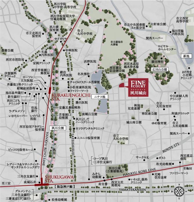 Local guide map. Shukugawa and Kurakuenguchi area where you can visit casually walking from "Shiroyama". Dotted with lovely shops that want to stop thinking. "Surrounding environment ・ Now check the map "tab! (Local guide map wide area)