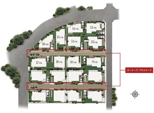 The entire compartment Figure. In order to create a beautiful city blocks appropriate to the land of scenic Shiroyama, Such as providing a setting the easement on the site, "Owner's Promenade (shared passage)", Pursue a city block of the landscape and the room with a spread beautifully (on site placement illustrations ※ 1)