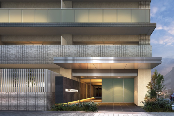 Features of the building.  [Entrance approach] Fraxinus griffithii and fresh implantable entrance approach wrapped in green, such as Soyogo. The outer wall, Adopt a profound feeling full of black slate stone. Creating a high black approach tile floor and coupled with stately appearance and silhouette rich in deep shadow of out of the eaves with a depth of texture. Evening light up out light to grace the entrance space, Celebrates the family in a warm expression (Rendering)