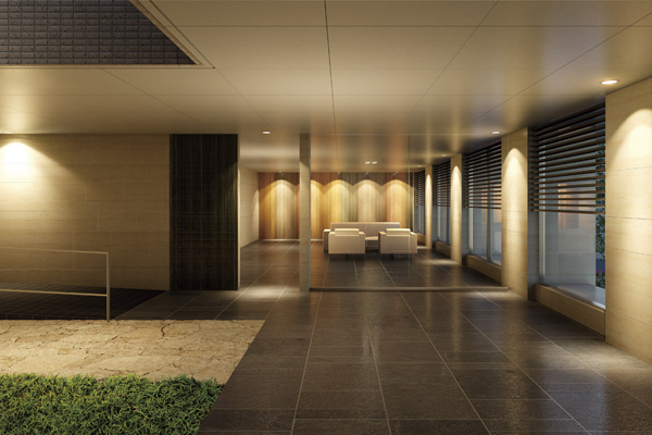 Features of the building.  [Entrance hall] Grade realism tile floor and enter the entrance is followed, There is a glass-walled meeting room (lounge) is in its earlier. There is, Bright space bathed in sunlight from the large opening. Of course, the use of a meeting room, You can feel free to use as a lounge of Talking with residents to each other and guests. And in a corner of the hall, Place the courtyard of the atrium to plug the external light. Is likely to become a space to heal the hearts of those who live here (Rendering)