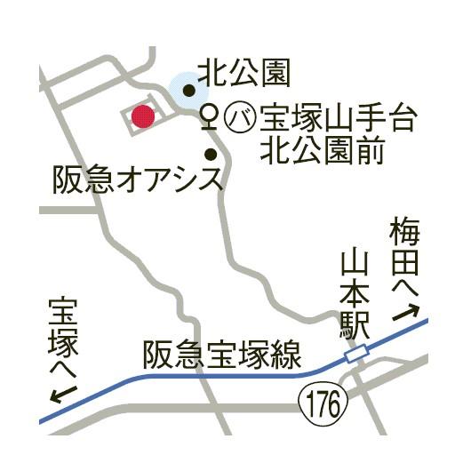 Local guide map. A distance of about 6 minutes by car from the Hankyu Yamamoto Station to the north