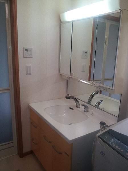 Wash basin, toilet. Vanity with a shower