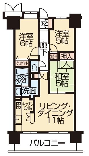 Floor plan. 3LDK, Price 12.6 million yen, Footprint 66 sq m , Balcony area 10.08 sq m