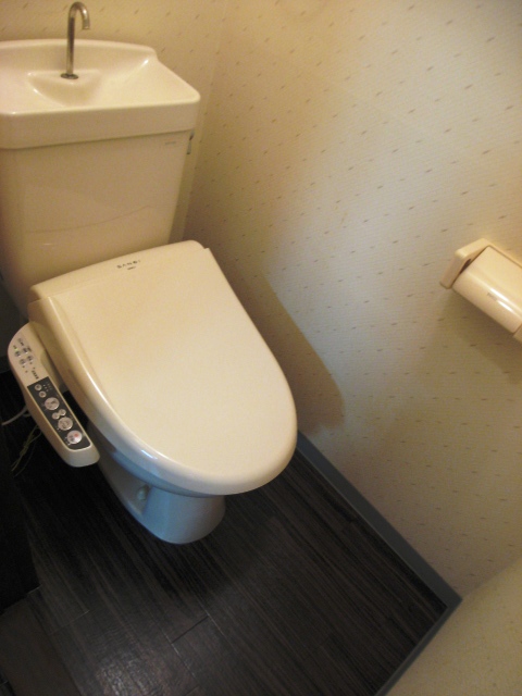 Toilet. The toilet of the wall there is also a cabinet.