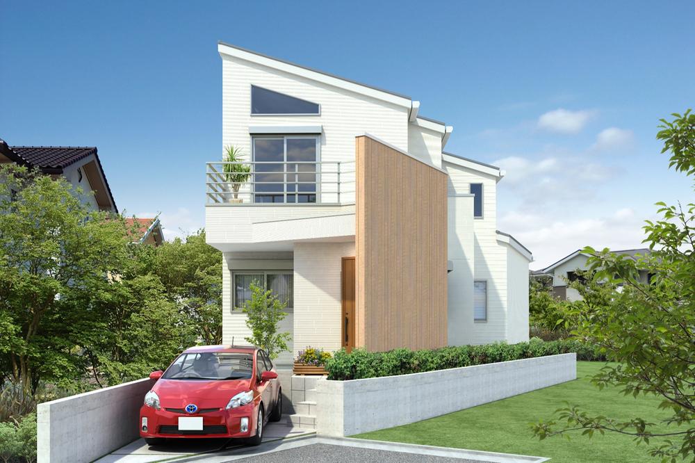 Local appearance photo. Very cute triangular window of (C Building) Akaritori. Second floor living room gradient ceiling + Attic with storage. Service balcony in the kitchen next to the. There must-see value.