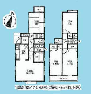 Floor plan. (Building 2), Price 27,800,000 yen, 4LDK, Land area 100.01 sq m , Building area 94.39 sq m