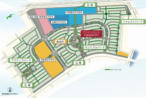The entire compartment Figure. Adjacent to the green of the axis of the Hikichigawa planning area. The surrounding Japanese black pine and Machilus, Cherry tree-lined, etc., Rich environment is formed green. Conservation of nature ・ Planting a new variety of trees along with the Play, Create a city block full of moisture that green leads. (The entire compartment view)