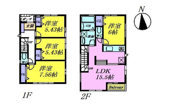 Floor plan. 34,800,000 yen, 4LDK, Land area 121.33 sq m , It is 4LDK of a building area of 90.67 sq m face-to-face kitchen LDK15.5 Pledge and the main bedroom 7.56 Pledge. All room is an easy-to-use floor plans with storage.