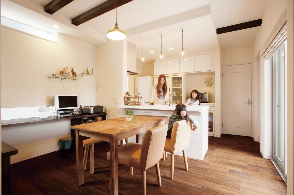 Building plan example (introspection photo). Natural materials of living friendly to children. Free design house of our construction. 