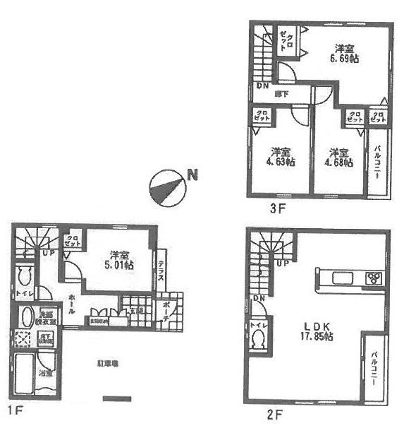 Floor plan. (Building 2), Price 30,800,000 yen, 4LDK, Land area 57.21 sq m , Building area 105.33 sq m